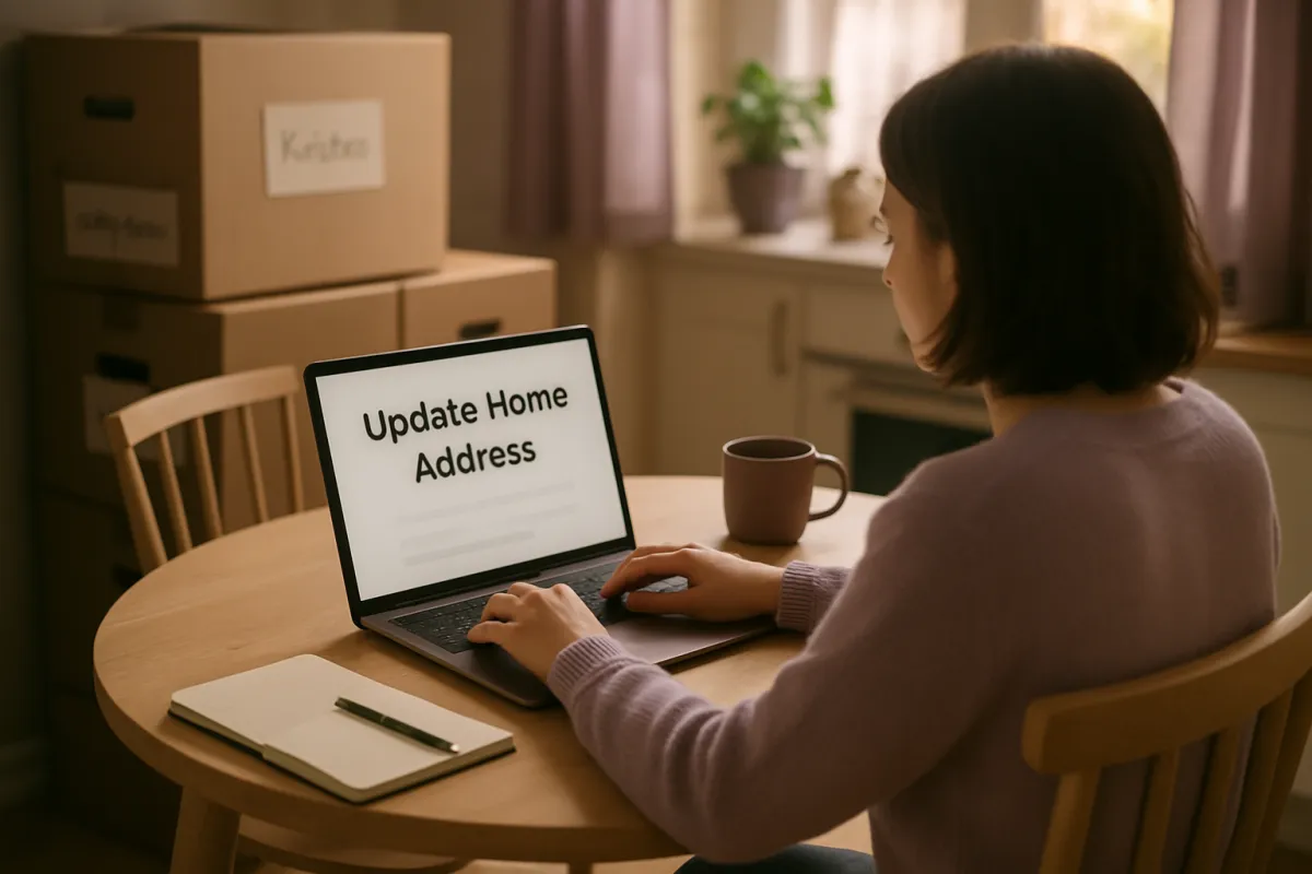 A person at a kitchen table typing on a laptop whose screen reads Update Home Address, with labeled cardboard moving boxes stacked behind and a mug and open notebook on the table