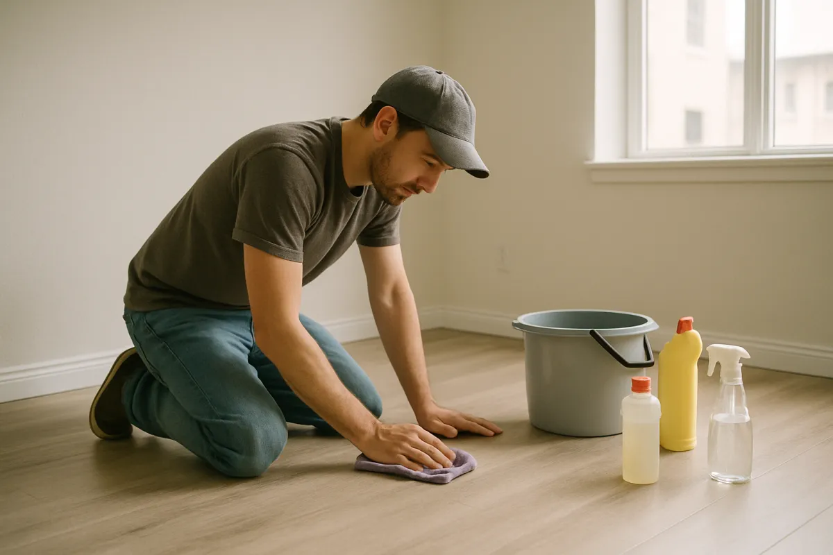 A person in a cap kneeling on the wood floor of an empty room, wiping the floor with a purple cloth beside a grey bucket and three plastic bottles