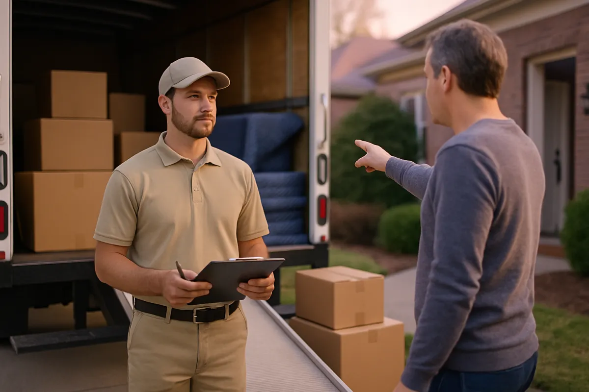 A worker in a cap holding a clipboard beside an open moving truck while a homeowner gestures toward the house