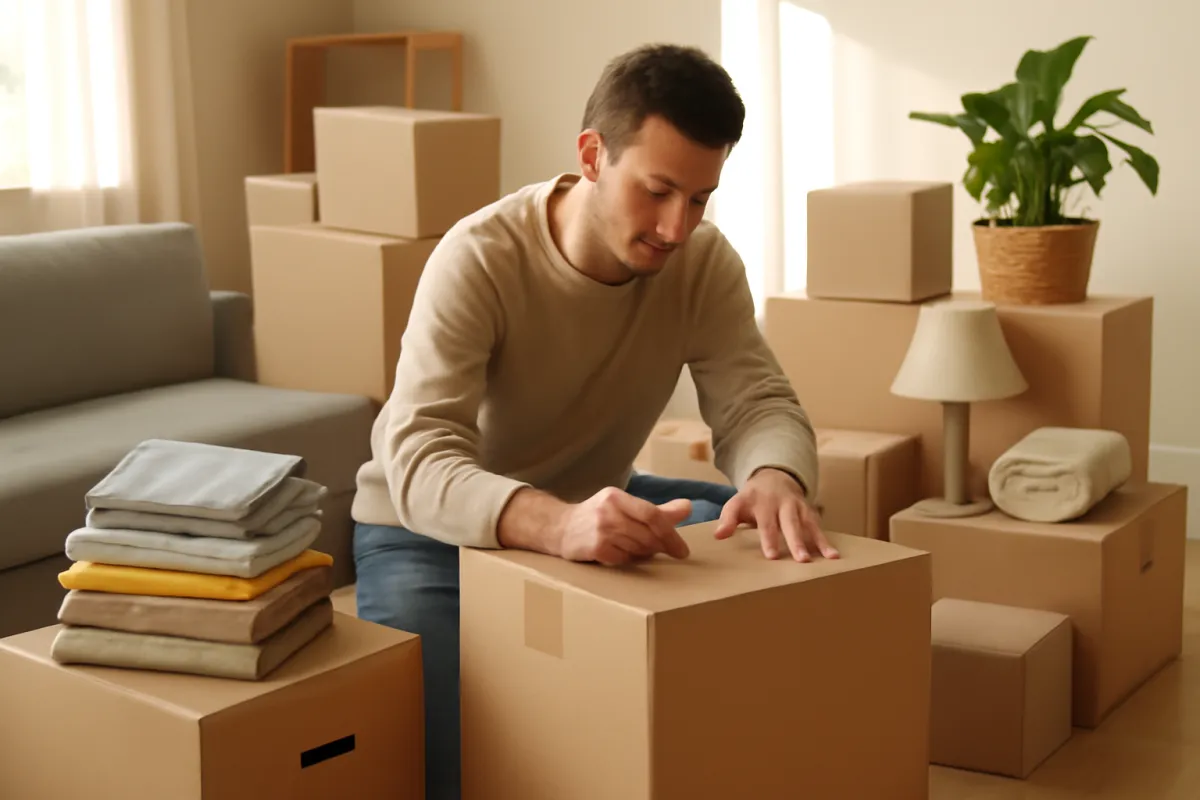 A person sealing a cardboard moving box in a bright organized living room, folded clothes and household items around in warm daylight
