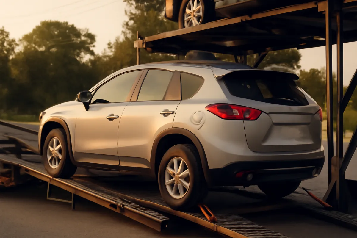 A silver SUV loaded onto the lower ramp of a car transport carrier at dusk, standing in for the decision of where and how to store a vehicle you cannot drive for a while