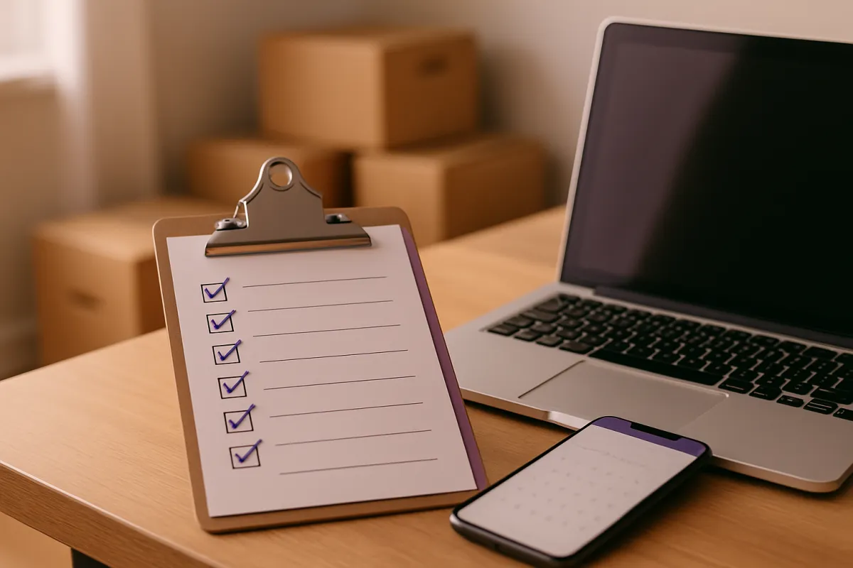 A clipboard on a wooden desk holding a sheet with six ticked checkboxes beside ruled lines, a laptop and a phone next to it, cardboard boxes stacked out of focus behind