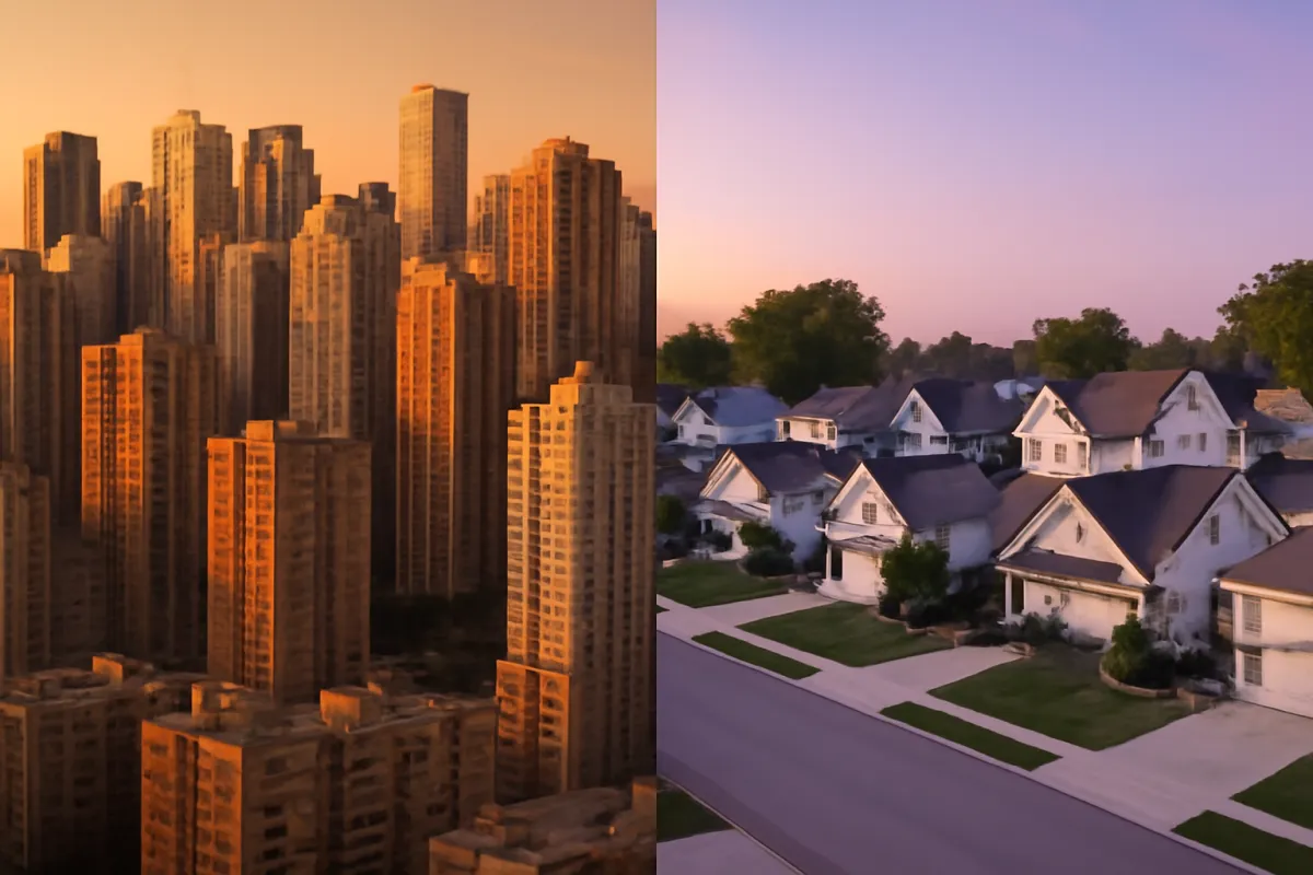 A split image of a warm-lit city skyline on one side and a quiet suburban neighborhood of single-family houses on the other