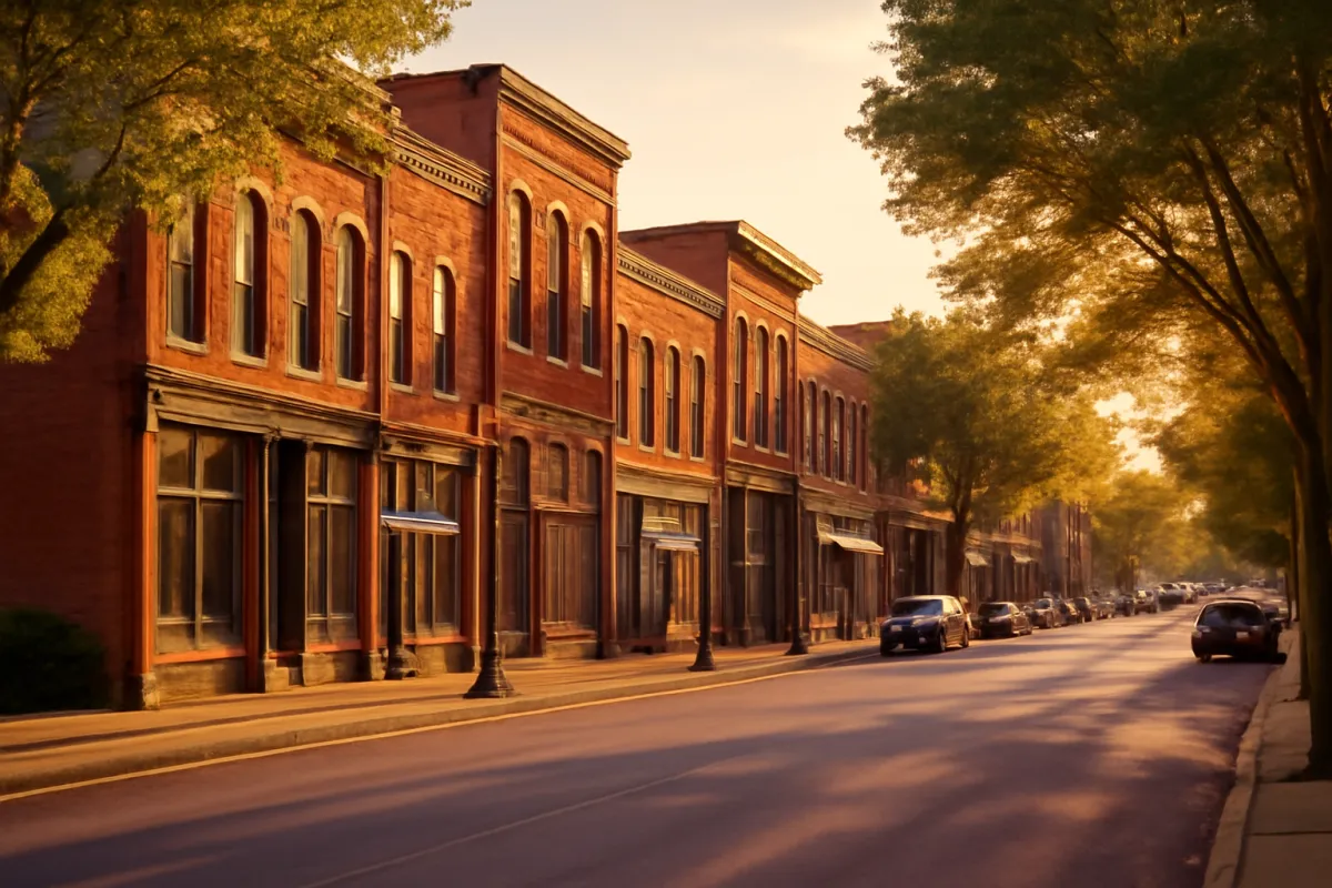 A warm sunlit small-town American main street with low-rise brick storefronts and leafy trees in an affordable heartland town