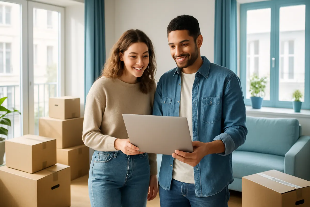 A couple standing among stacked moving boxes in a bright room, looking together at a laptop