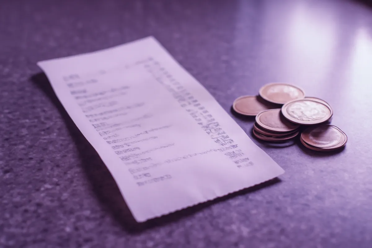 A long receipt curling on a kitchen counter beside a small pile of coins, in cool violet light