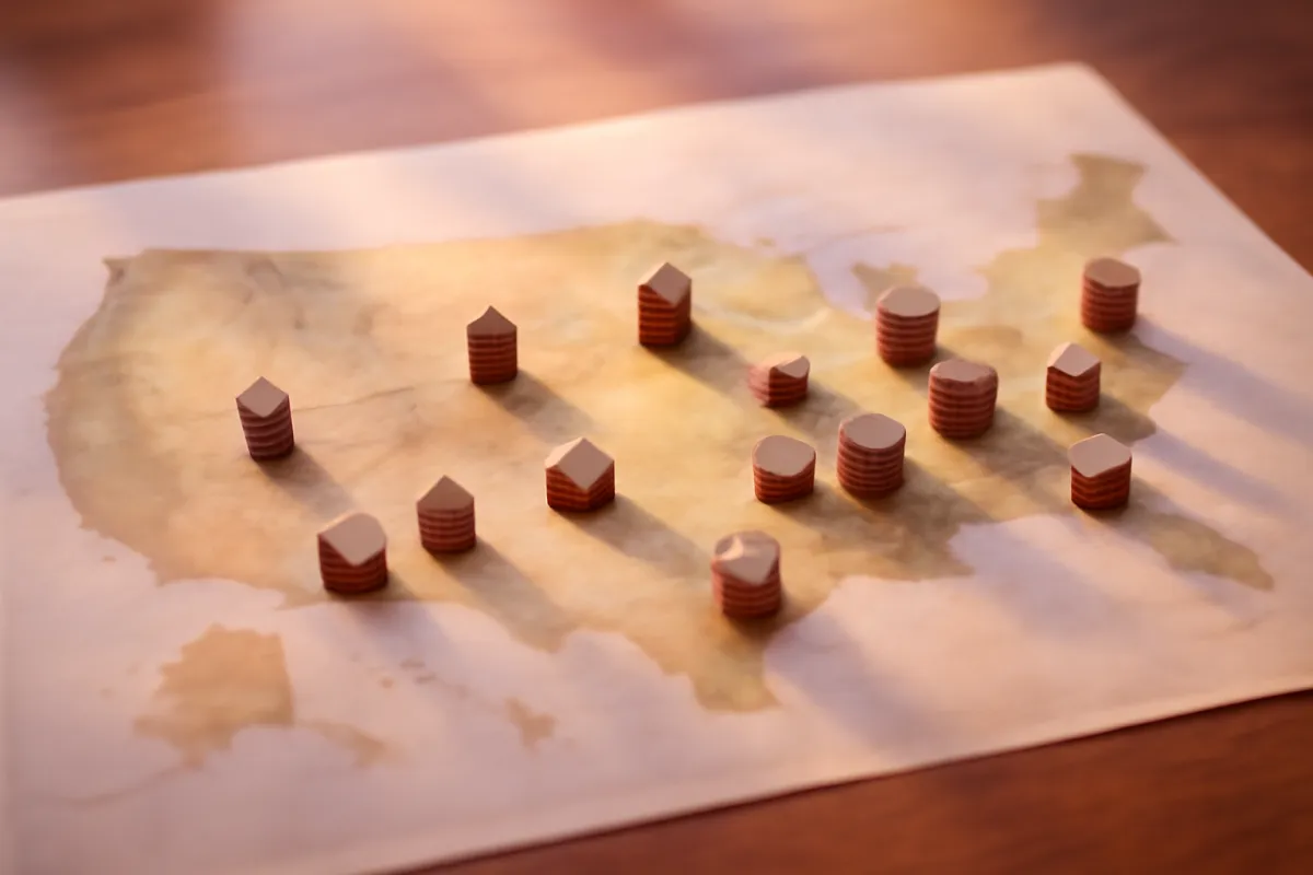 A physical map of the United States on a desk with small houses and coins scattered across regions in warm light