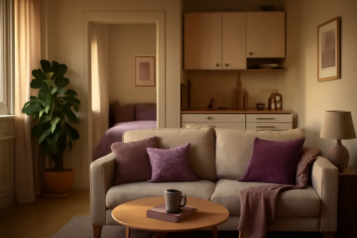 A cozy one-bedroom apartment interior in warm afternoon light with a small sofa, a plant, and a compact kitchenette