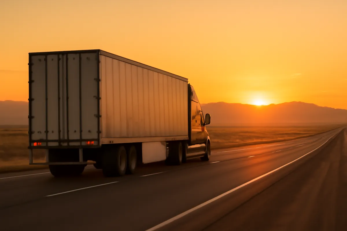 A long-distance moving truck driving on an open interstate highway between states at golden hour