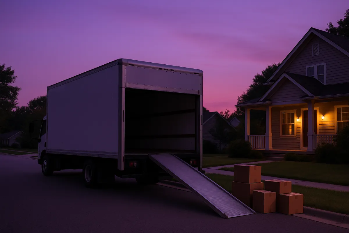 A moving truck parked at a suburban curb under a purple dusk sky with boxes near the ramp