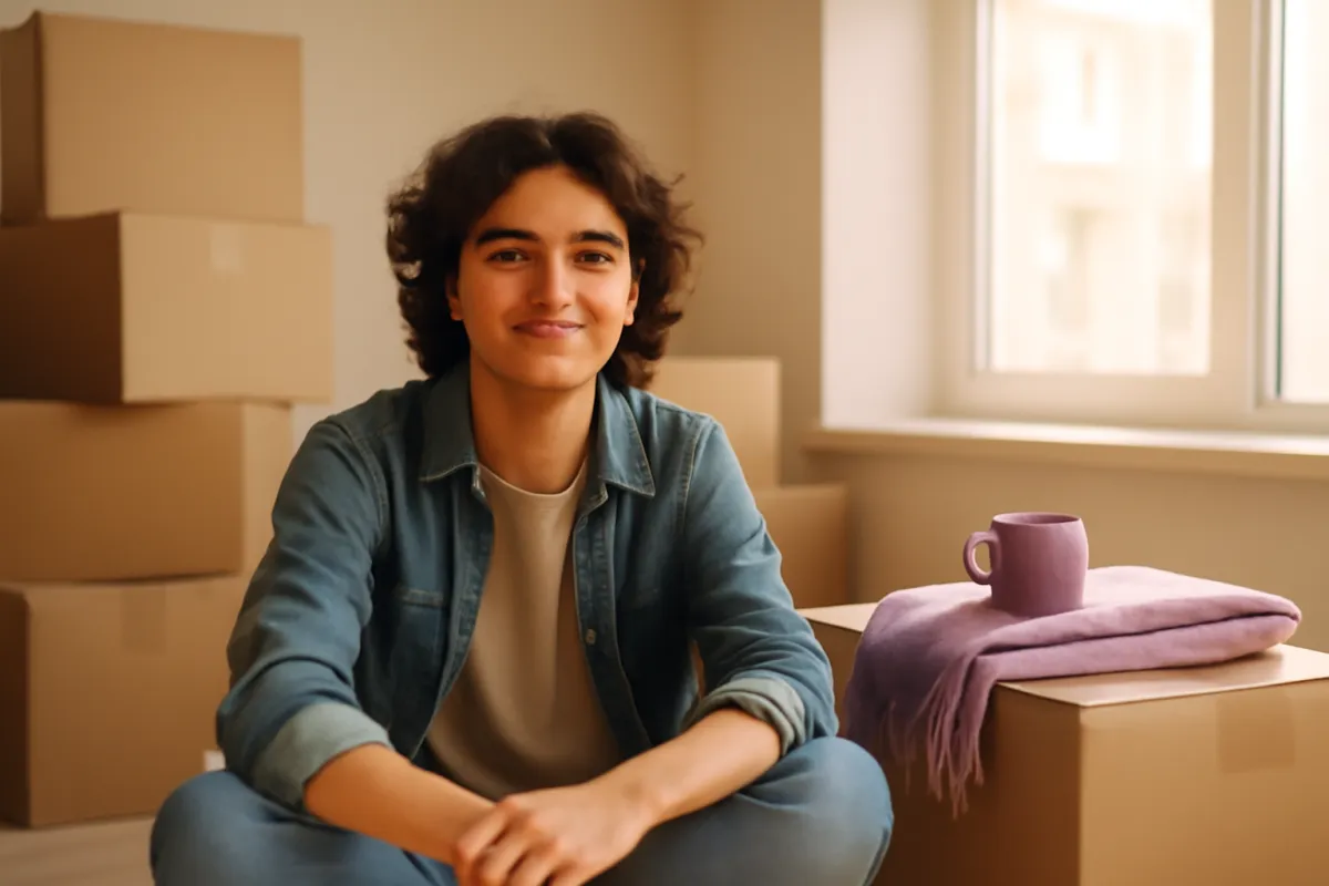 A student sitting on the floor of a new room surrounded by packed moving boxes