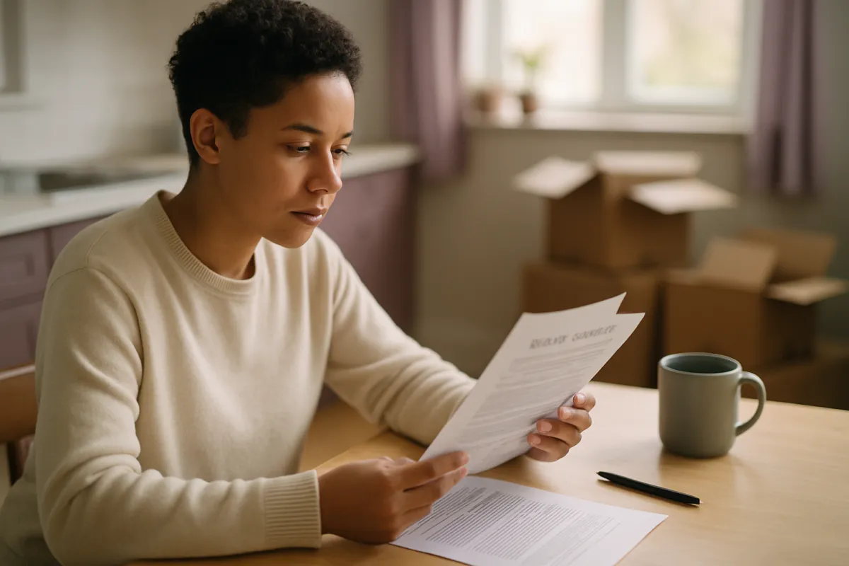 A person in a cream sweater sitting at a wooden table reading a printed multi-page document, with a grey mug and a black pen beside them and stacked cardboard moving boxes behind