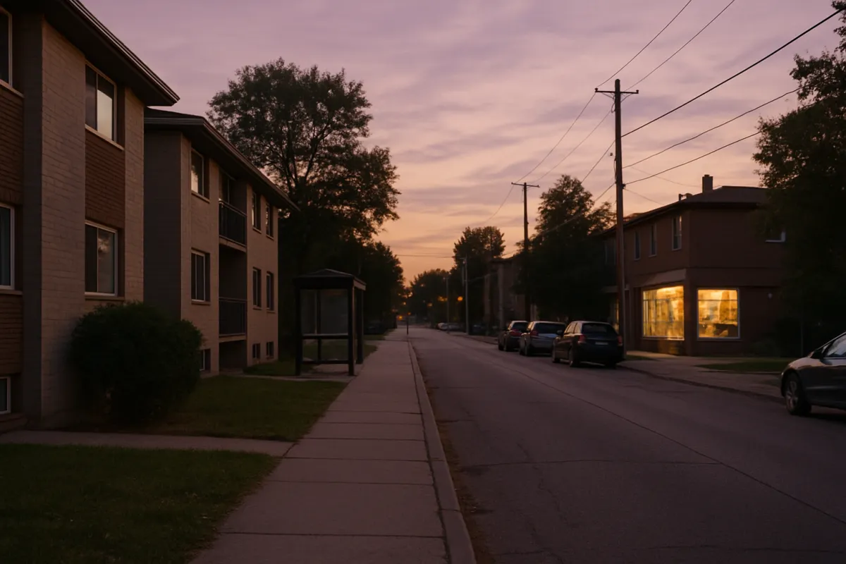 A residential street at dusk with a sidewalk, low apartment buildings, a bus shelter, and a lit shopfront in the distance