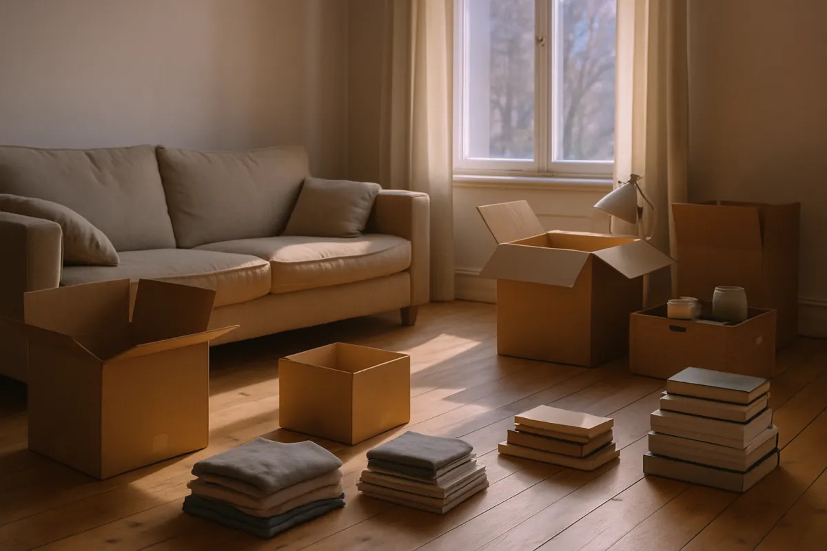 Open cardboard boxes on a wood floor beside a sofa, with folded textiles and stacks of books sorted into separate piles