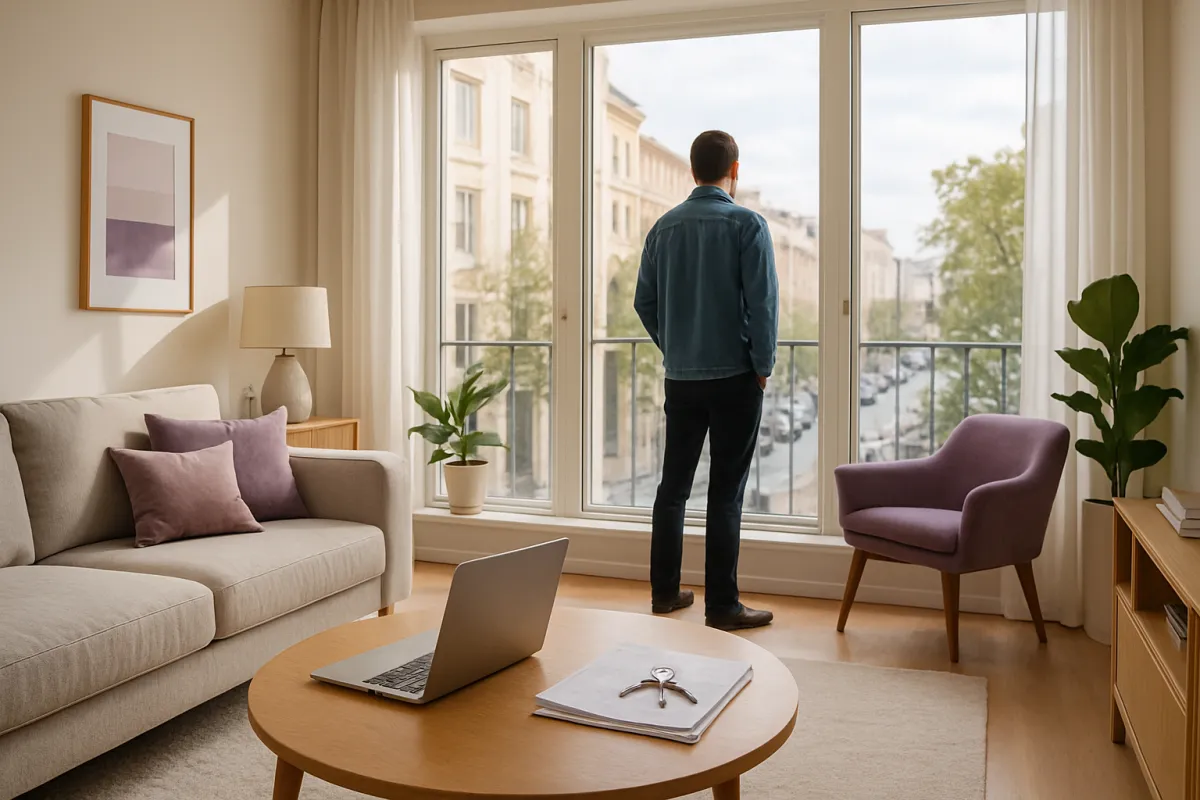 A bright modern apartment interior with large windows and daylight, a person by the window with keys and paperwork on a table in warm violet-toned light