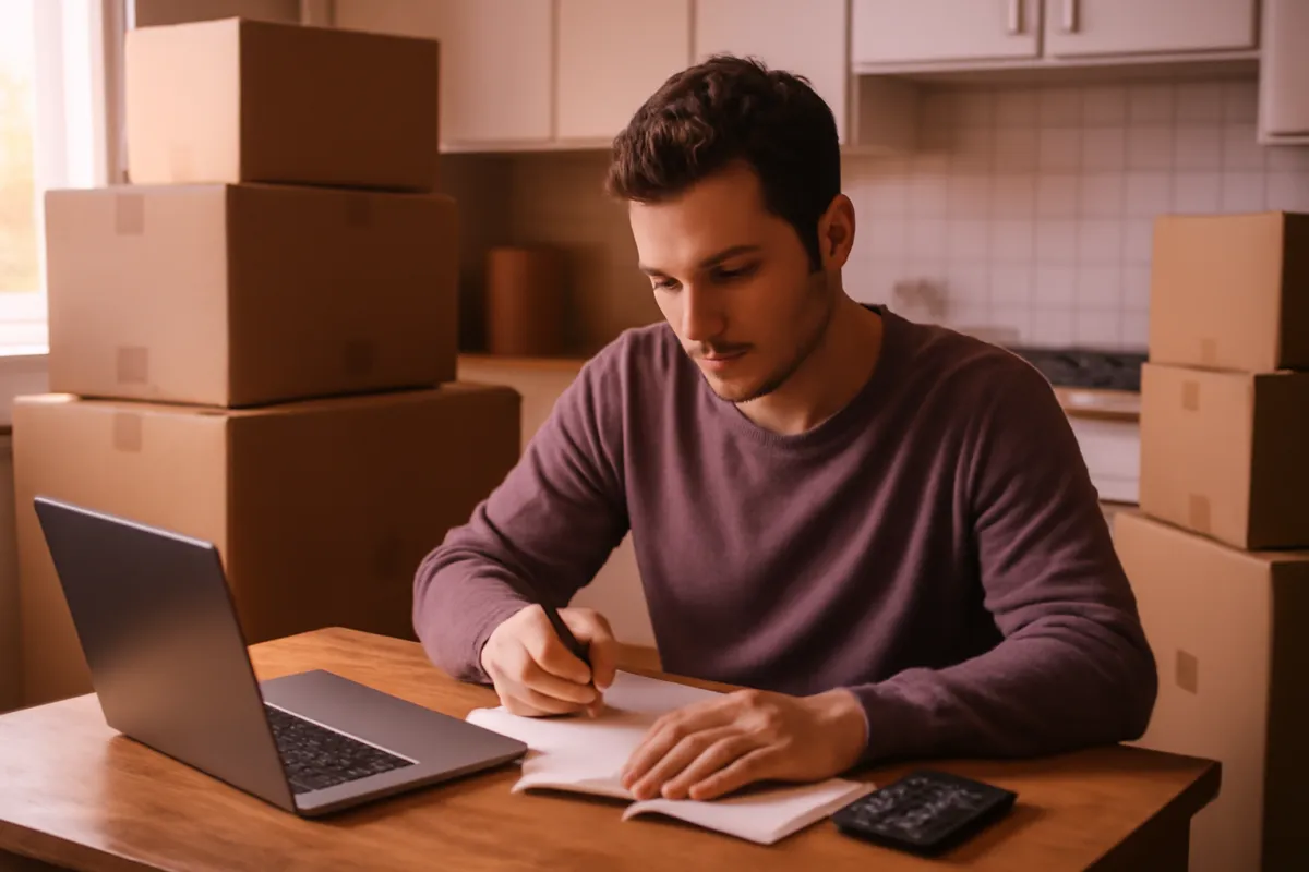 A person planning a move at a kitchen table surrounded by cardboard boxes, writing a budget in a notebook beside an open laptop and calculator in warm light