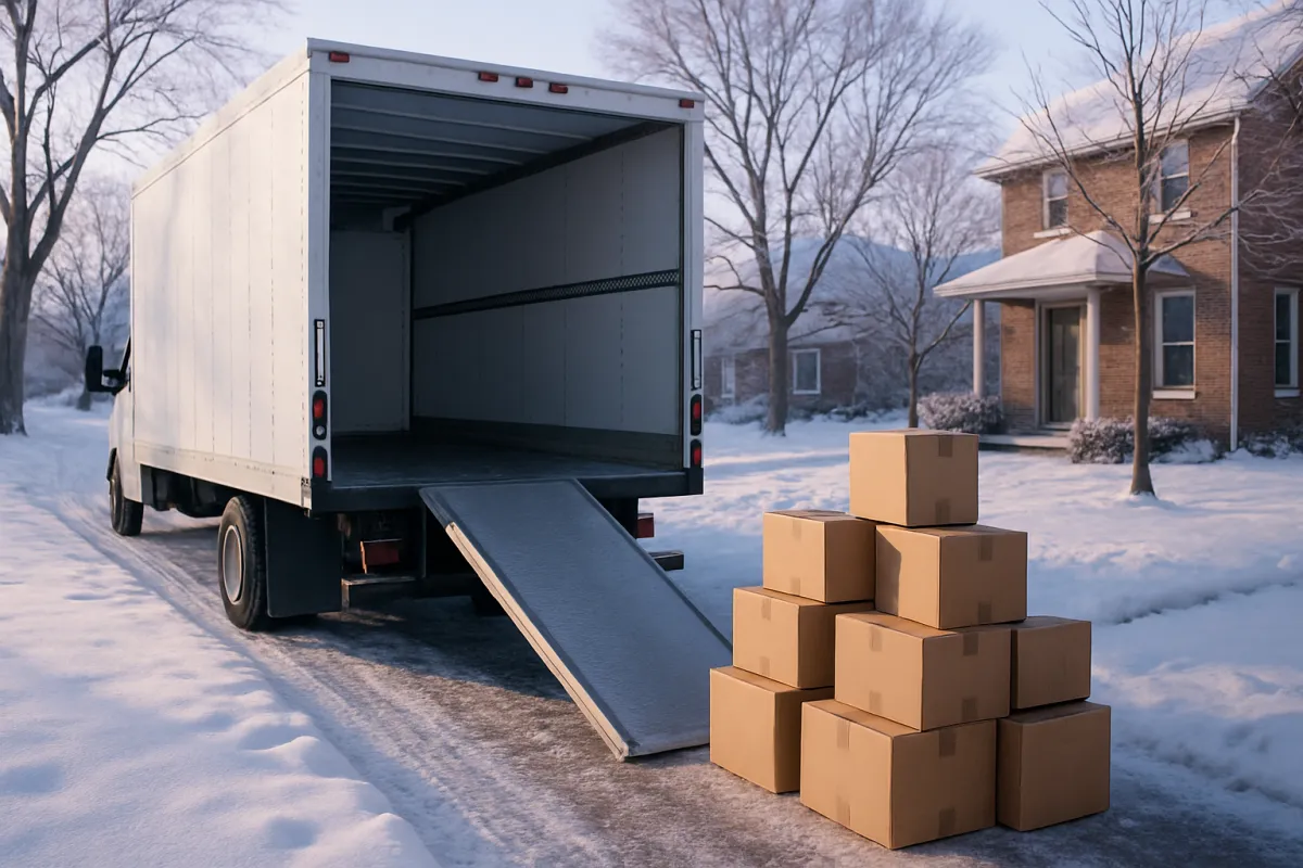 An empty white box truck with its ramp down on a snowy street, a stack of ten cardboard boxes beside it and bare trees behind