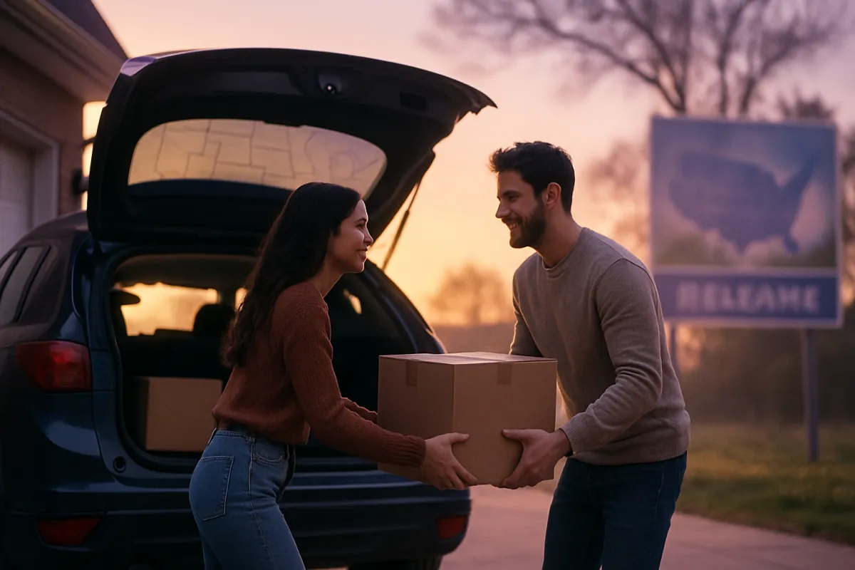 A young couple loading the last boxes into a car in a driveway at dawn with a road map and a state welcome sign softly blurred behind them in warm natural light
