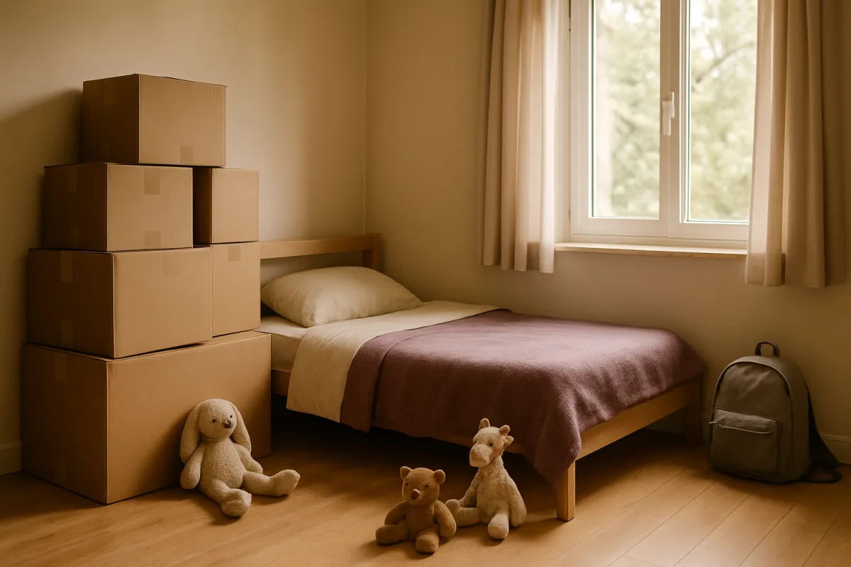 A small bedroom mid-move with a stack of cardboard boxes against one wall, a single wooden bed with a dusty purple blanket, three soft toys on the wood floor, and a gray backpack by the window