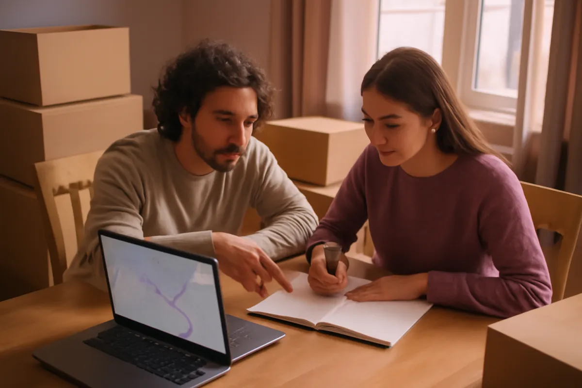 A couple planning a long-distance move at a table surrounded by cardboard boxes, one pointing at a laptop route map while the other writes in a notebook in warm organized light