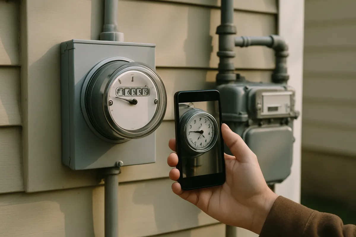 A hand holding a phone up to photograph a round analogue utility meter mounted in a grey box on cream clapboard siding, with a second grey meter and pipework alongside