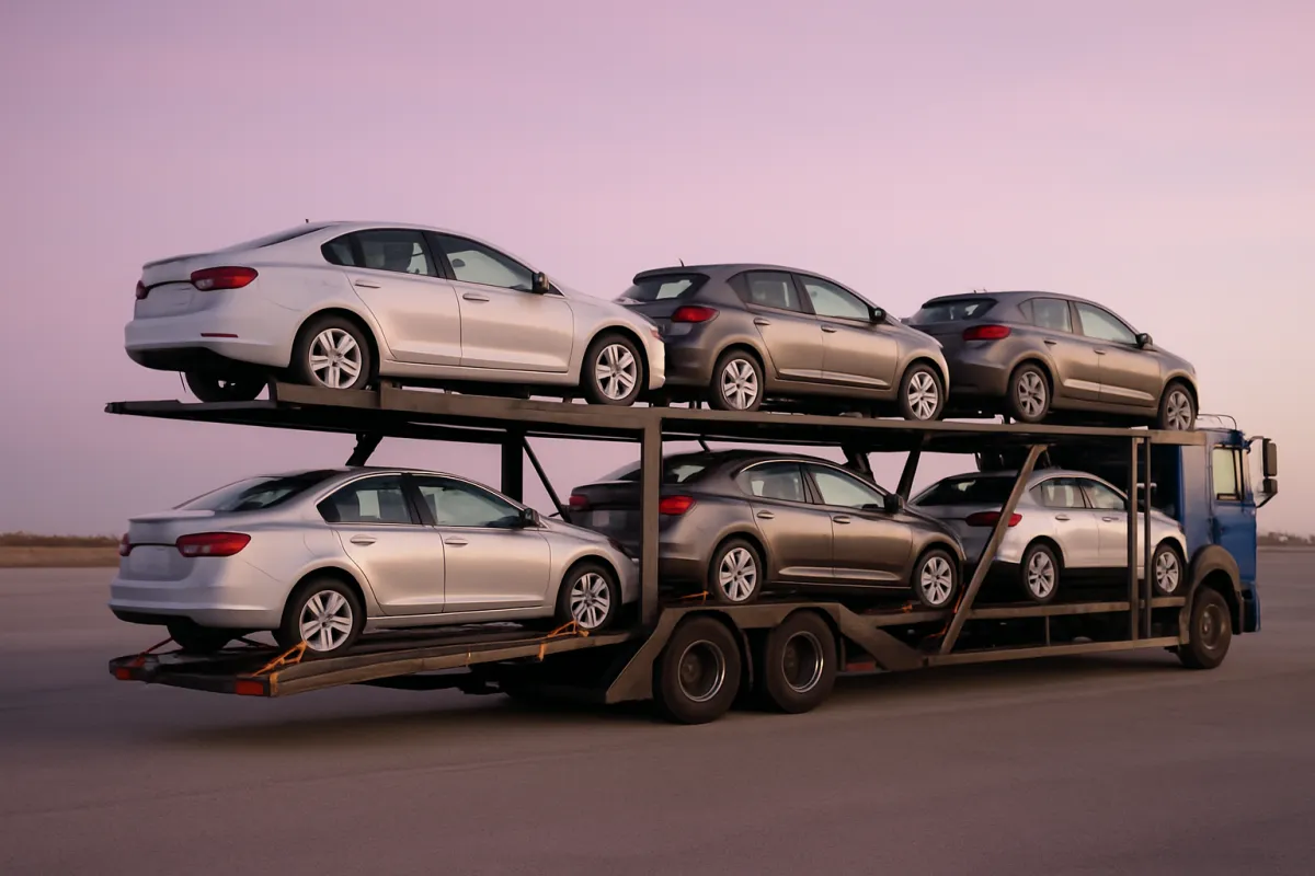 Six passenger cars strapped onto the upper and lower decks of an open two-level auto transport truck parked on an empty asphalt lot under a pale pink sky