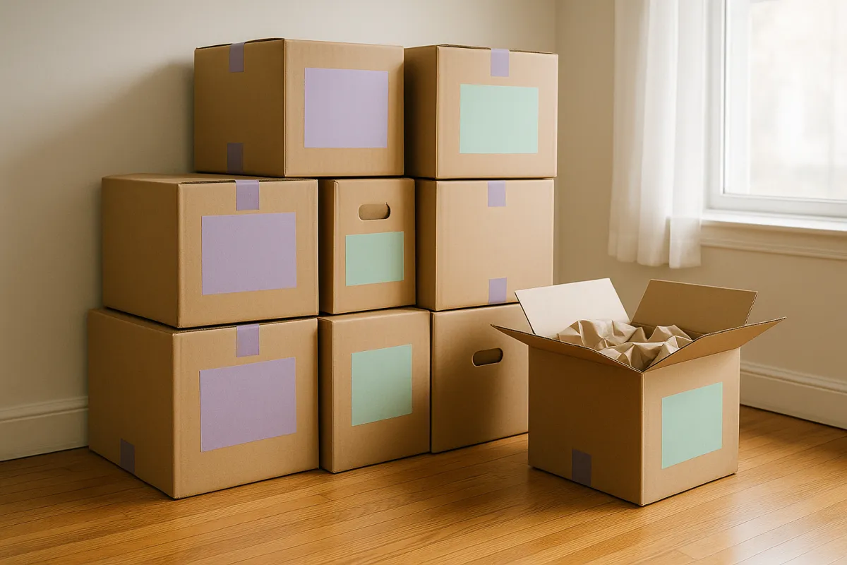 An assortment of assembled cardboard moving boxes in several sizes with colored labels, one open with packing paper inside, the raw material every storage unit size is measured against