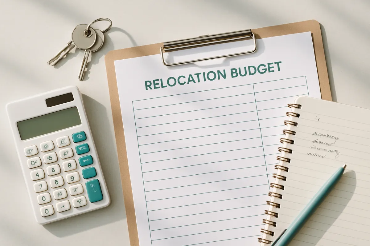 A relocation budget planner with a calculator, keys, and a notebook of expenses