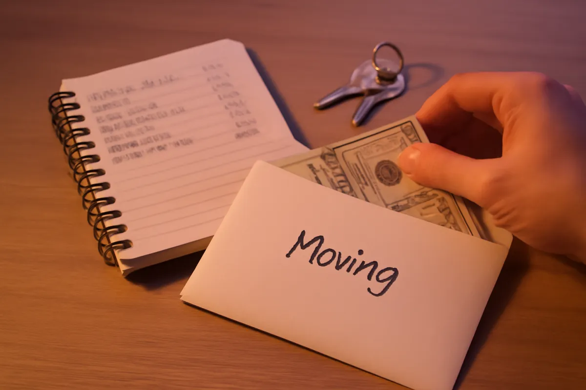 A hand adding cash to a labeled envelope beside a notebook of moving budget line items and a set of apartment keys