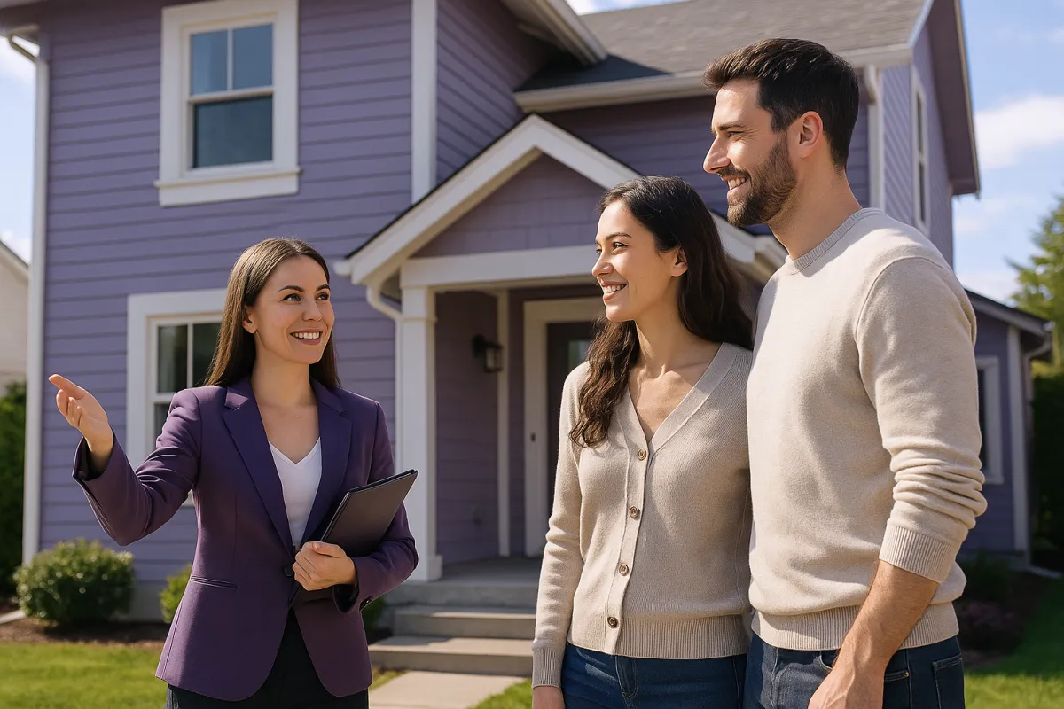 A couple viewing a house with an agent, confident and informed