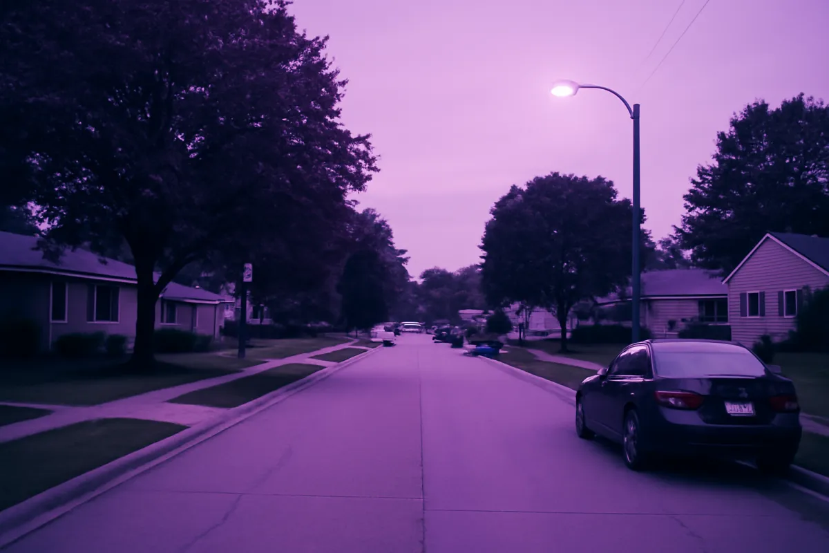 A quiet tree-lined residential street at dusk under a streetlight, houses set back on green lawns