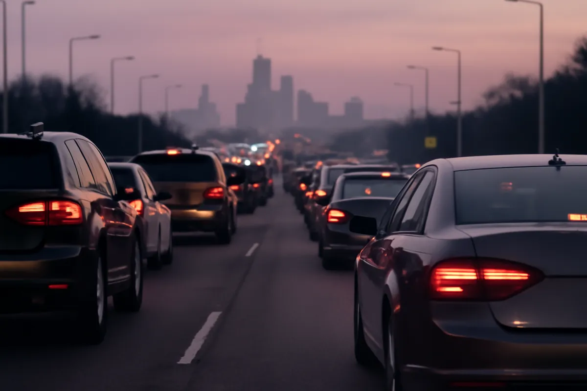A line of cars in slow rush-hour highway traffic at dawn, brake lights glowing, stretching toward a distant skyline