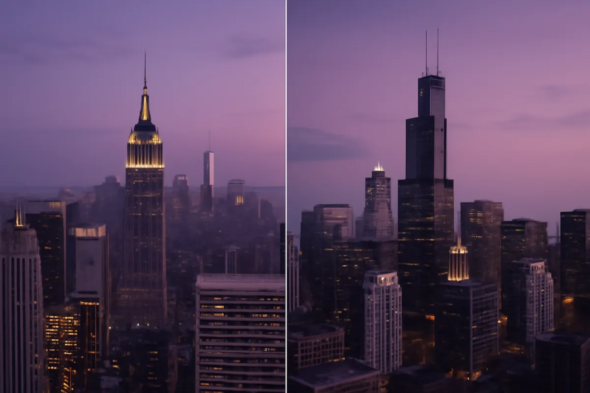 Two city skylines side by side at dusk, one filling each half of the frame