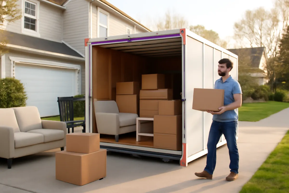 A portable moving storage container being loaded with furniture in a suburban driveway for a long-distance move