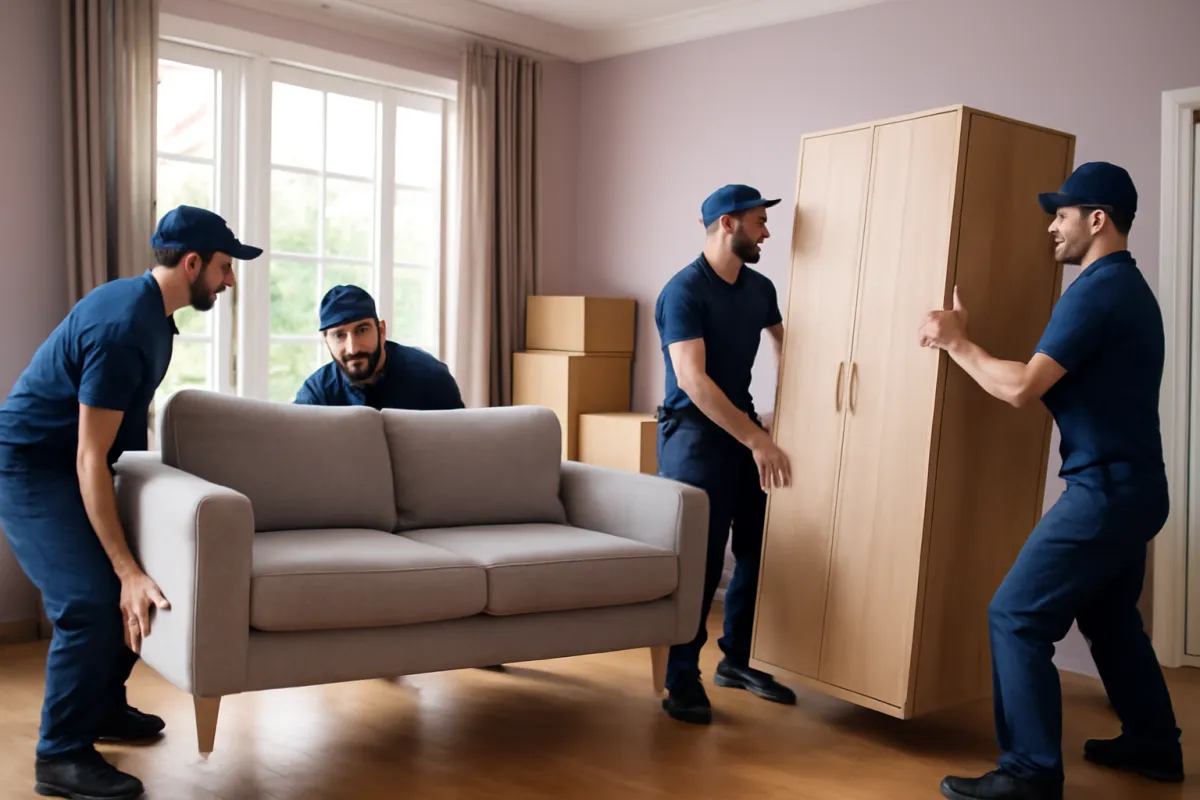 A moving crew lifting a heavy sofa and wardrobe out of a spacious living room, the coordinated teamwork that moving heavy furniture safely requires