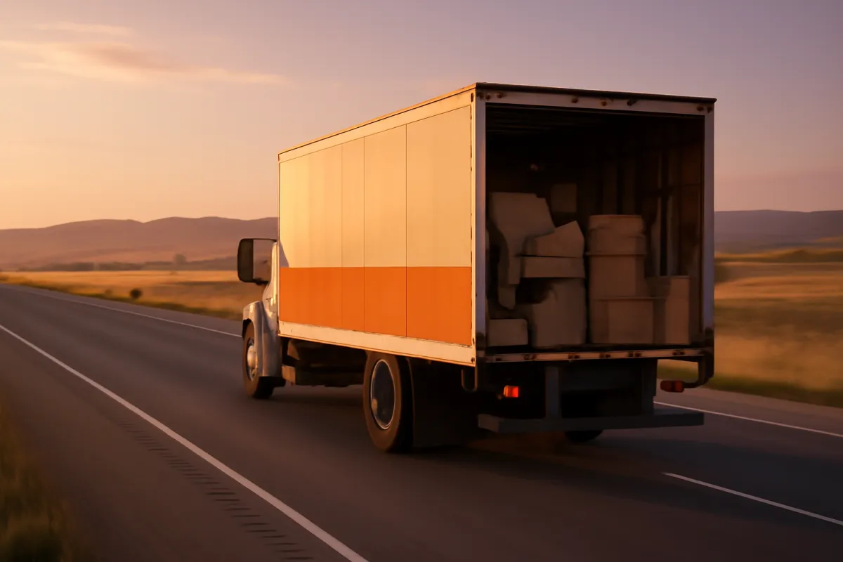 A box truck loaded with cardboard boxes driving along an open highway at sunset through rolling countryside, on a long-distance relocation