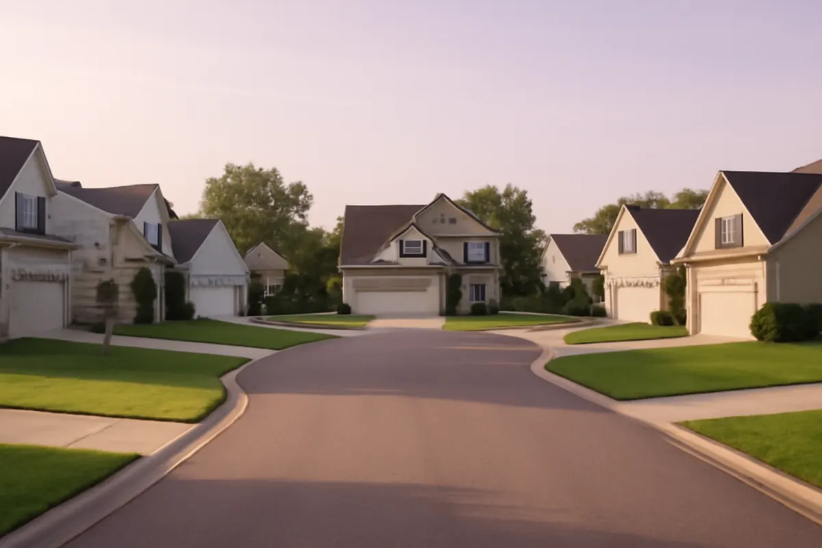 A quiet suburban cul-de-sac of single-family houses with green lawns, driveways, and two-car garages in soft morning light