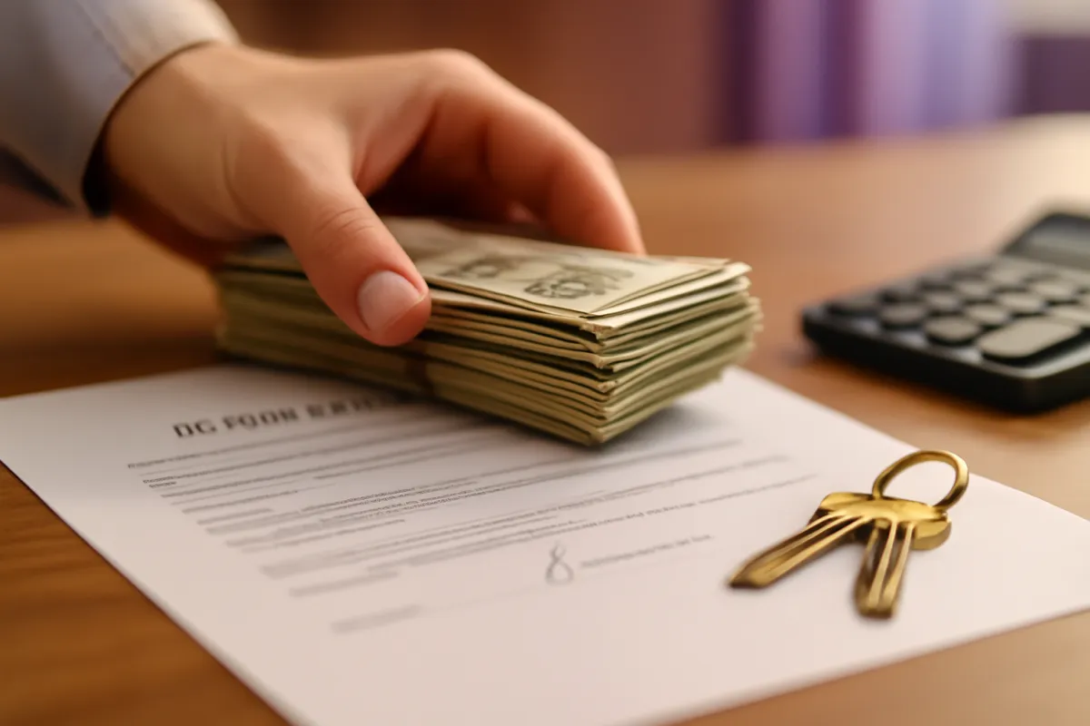 A hand setting a folded stack of cash on a rental document beside a set of keys and a calculator on a wooden desk in warm light