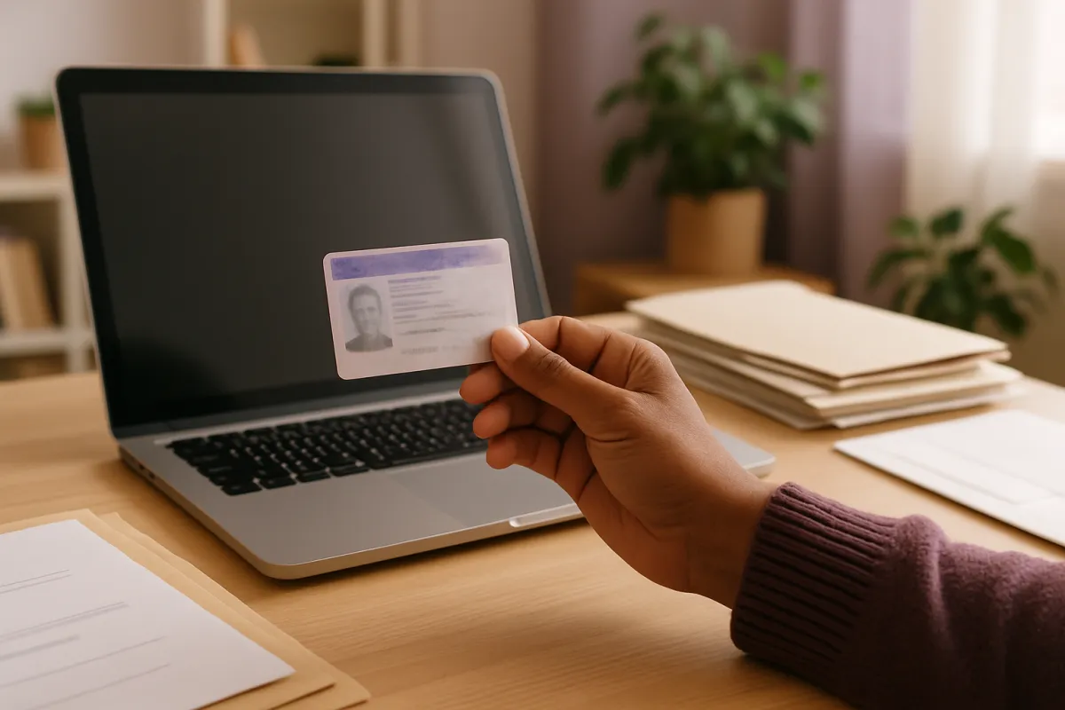 A hand holding a driver license card beside a laptop and a stack of envelopes at a home desk, representing the after-move DMV updates