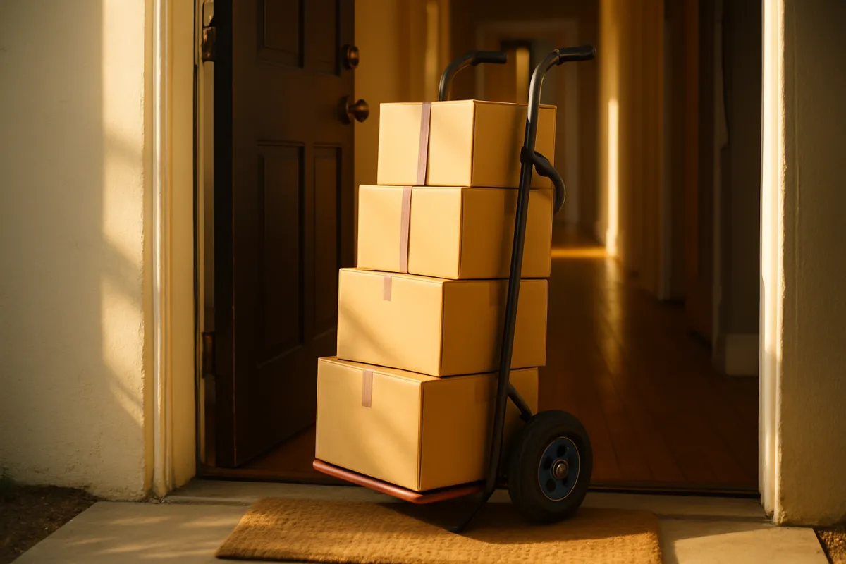 A heavy-duty hand truck waiting at an open front doorway on moving day, the kind of dolly used to move an upright piano through a home