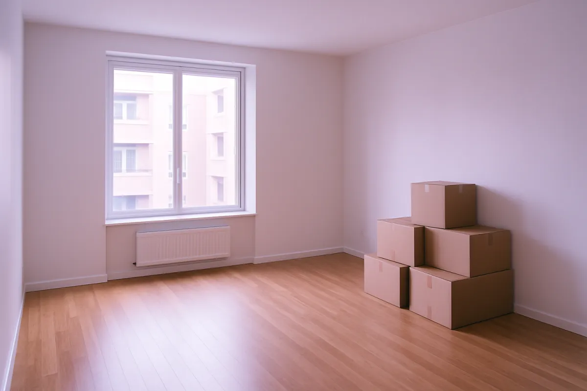 An empty, freshly cleared room with bare walls and a last stack of boxes in the corner on moving day