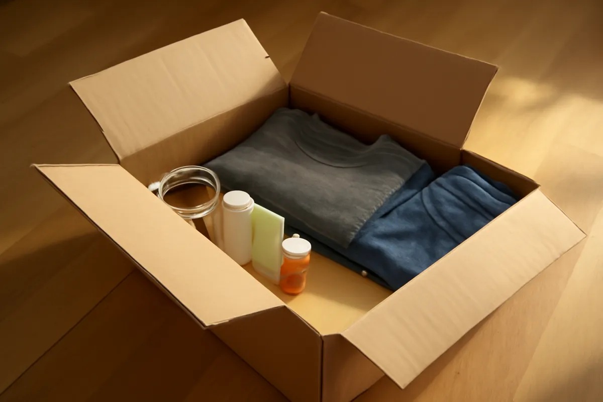 An open cardboard box on the floor holding folded clothes and toiletries kept to their own corners, standing in for the sorted-compartment idea behind packing cubes