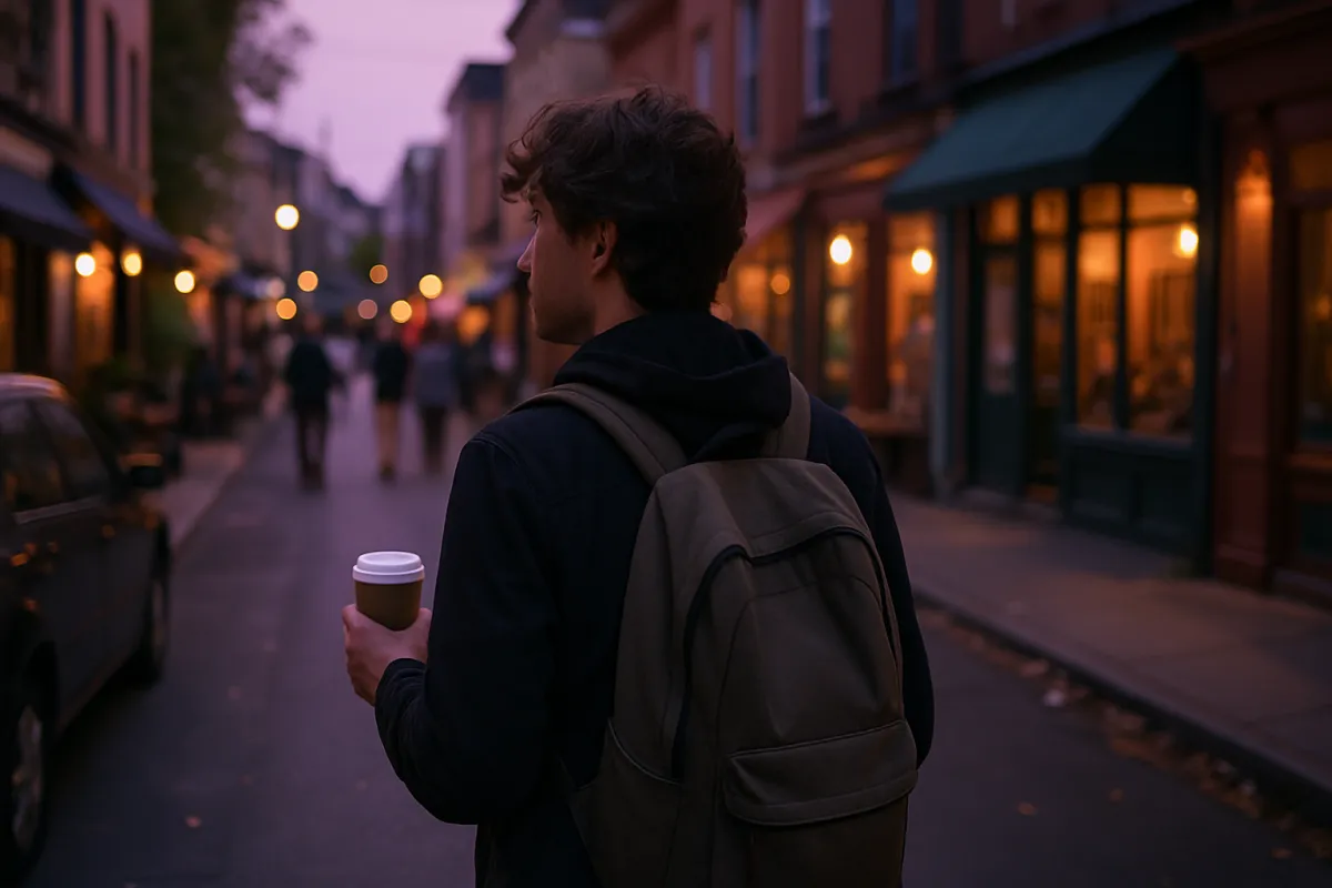 A person exploring a lively neighborhood street on foot in the evening