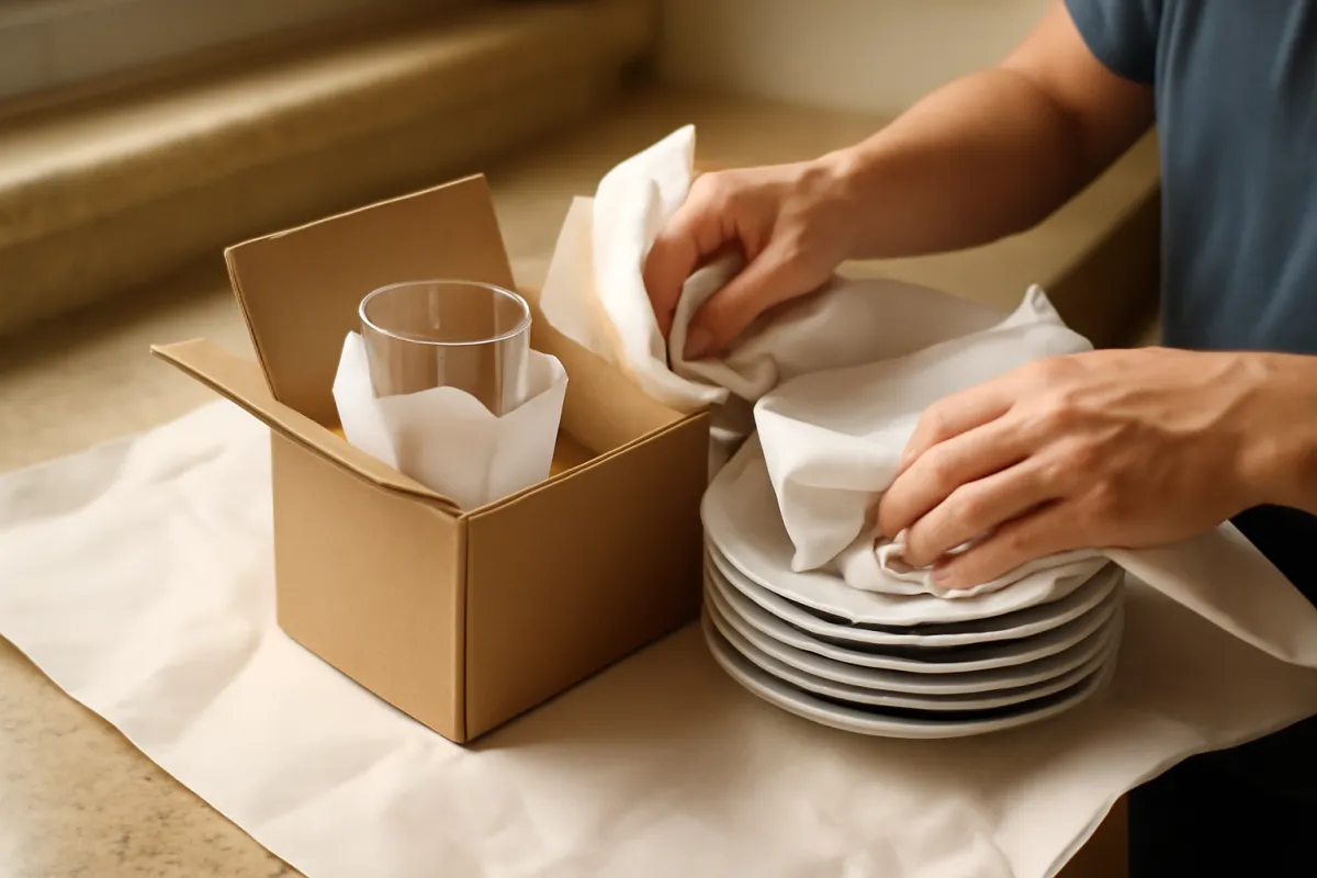 Hands wrapping fragile drinking glasses and plates in white packing paper before placing them upright in a small moving box on a kitchen counter, soft warm light