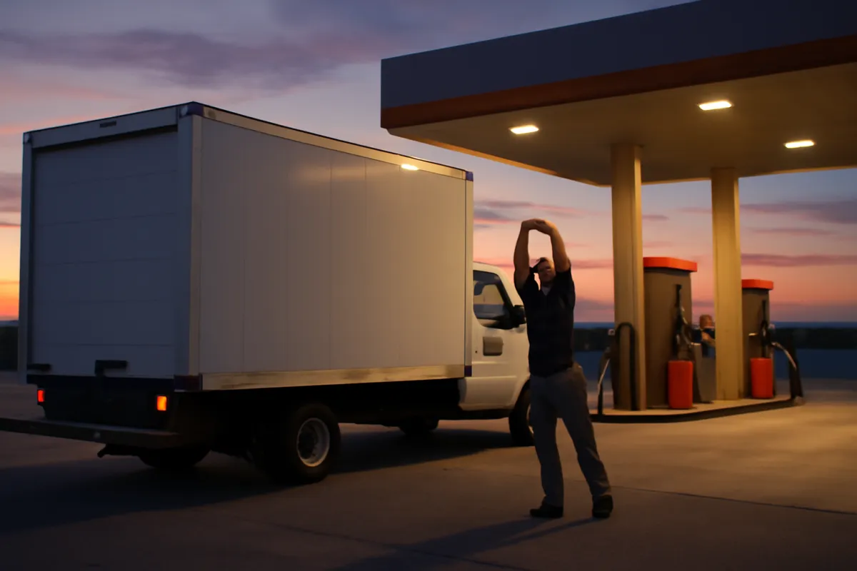 A rented moving truck parked at a highway fuel station at dusk during a long cross-country drive