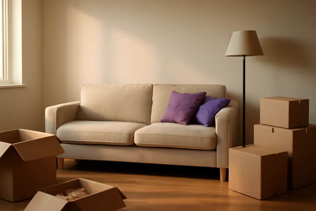A sparsely furnished first apartment living room with a single couch, a floor lamp, and a few unpacked boxes against bare walls