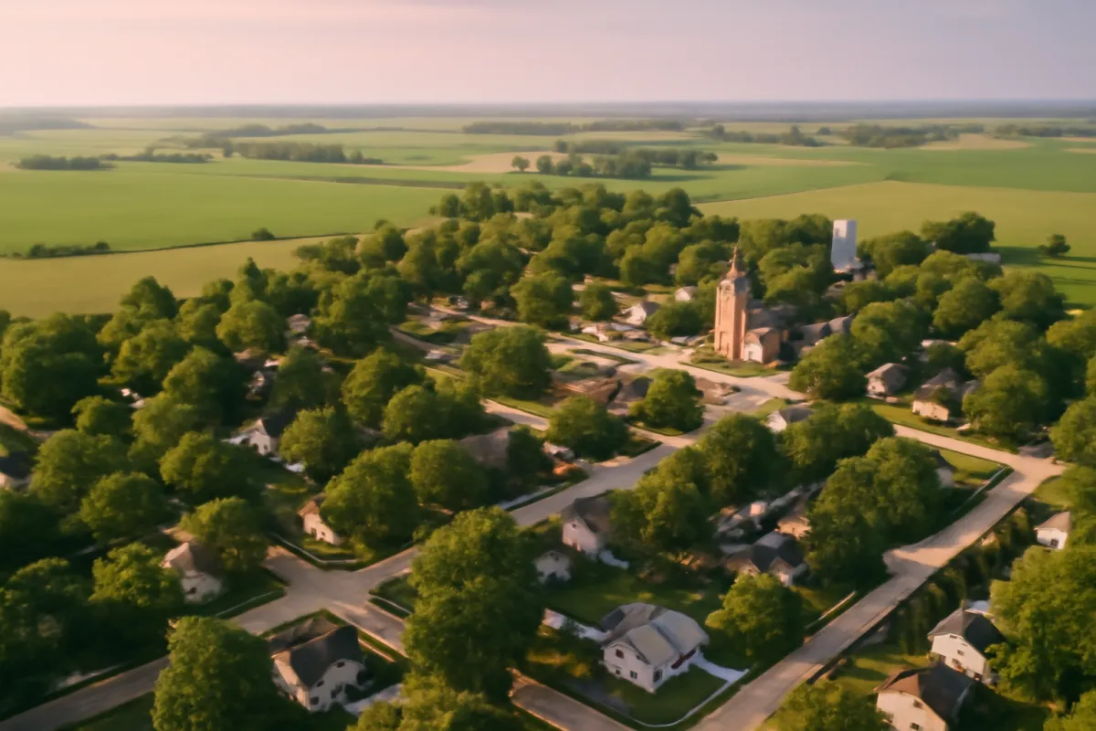An aerial view of a peaceful Midwest heartland small town surrounded by green farm fields and tree-lined residential streets