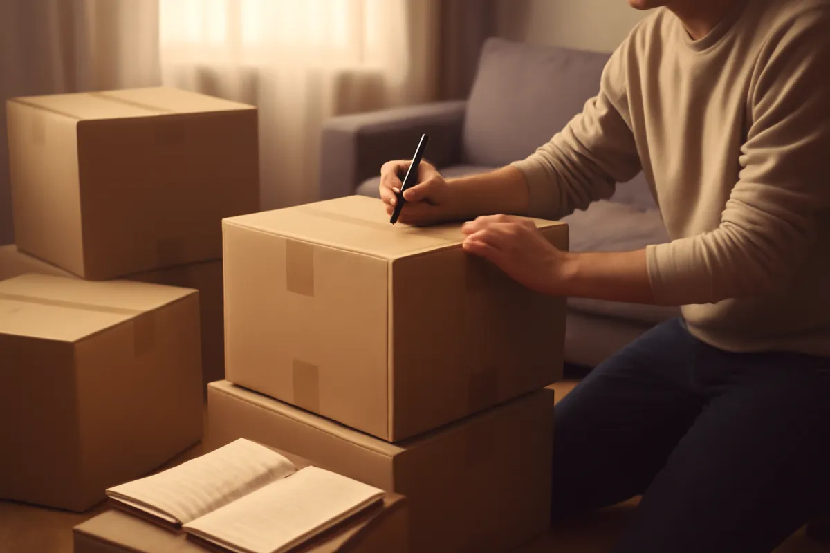 A person labeling and numbering sealed cardboard moving boxes with a marker in an organized living room, an inventory notebook nearby