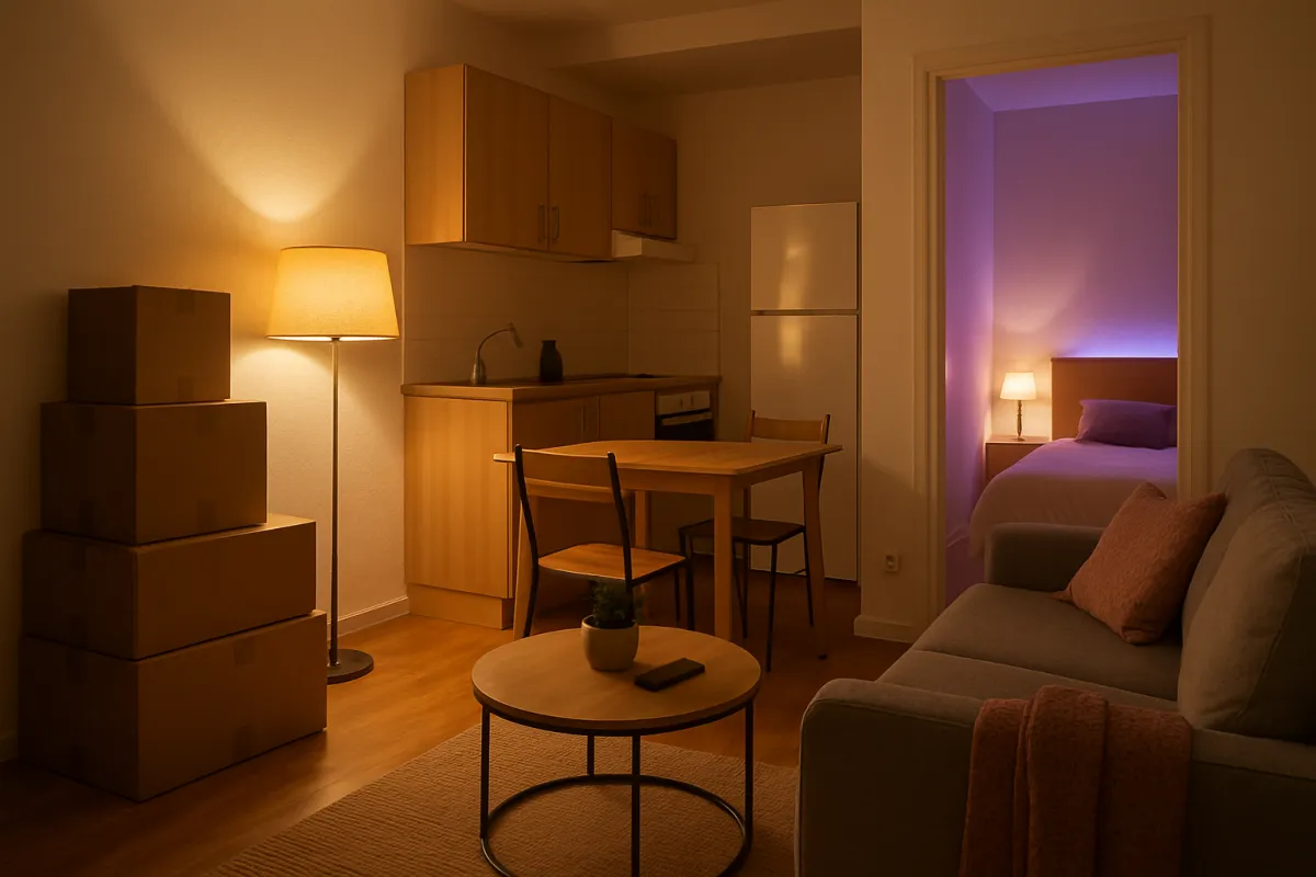 A softly lit apartment on move-in evening, with stacked cardboard boxes beside a lamp, a small dining table, a sofa, and a bedroom visible through a doorway