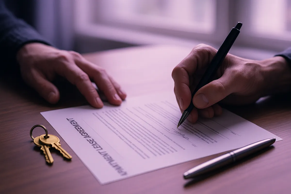 A person signing a printed apartment lease agreement with a pen while a set of keys rests on the desk beside the document in soft light